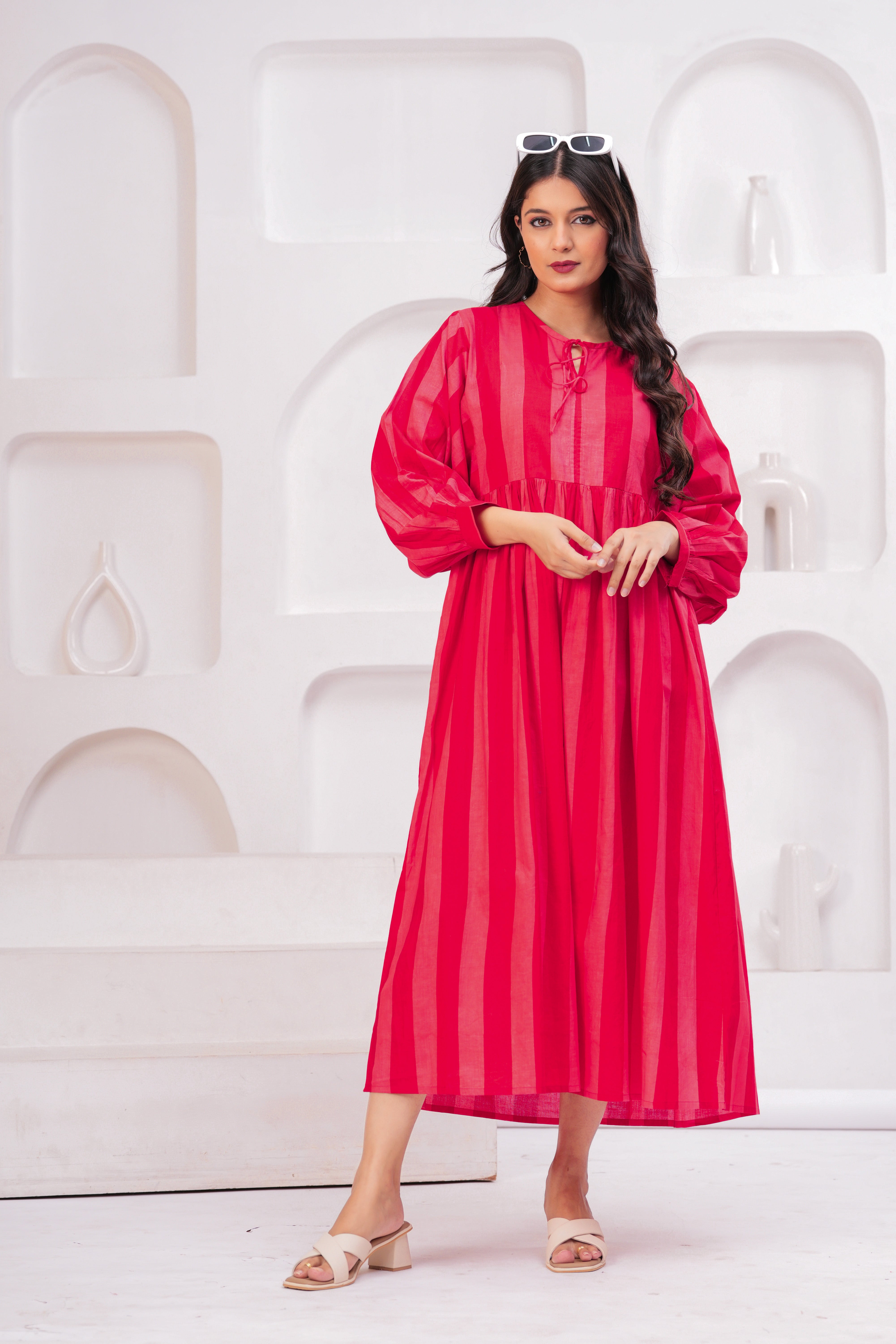Pink Long Cotton Gown With Heavy Flair